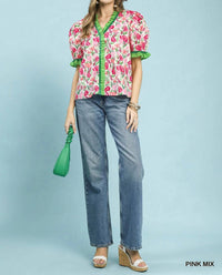Umgee - Floral Ruffle Trim Puff Sleeve Blouse