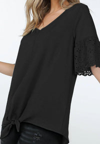 Shop Basic - Laser Cut Short Sleeve V Neck Top With Tie
