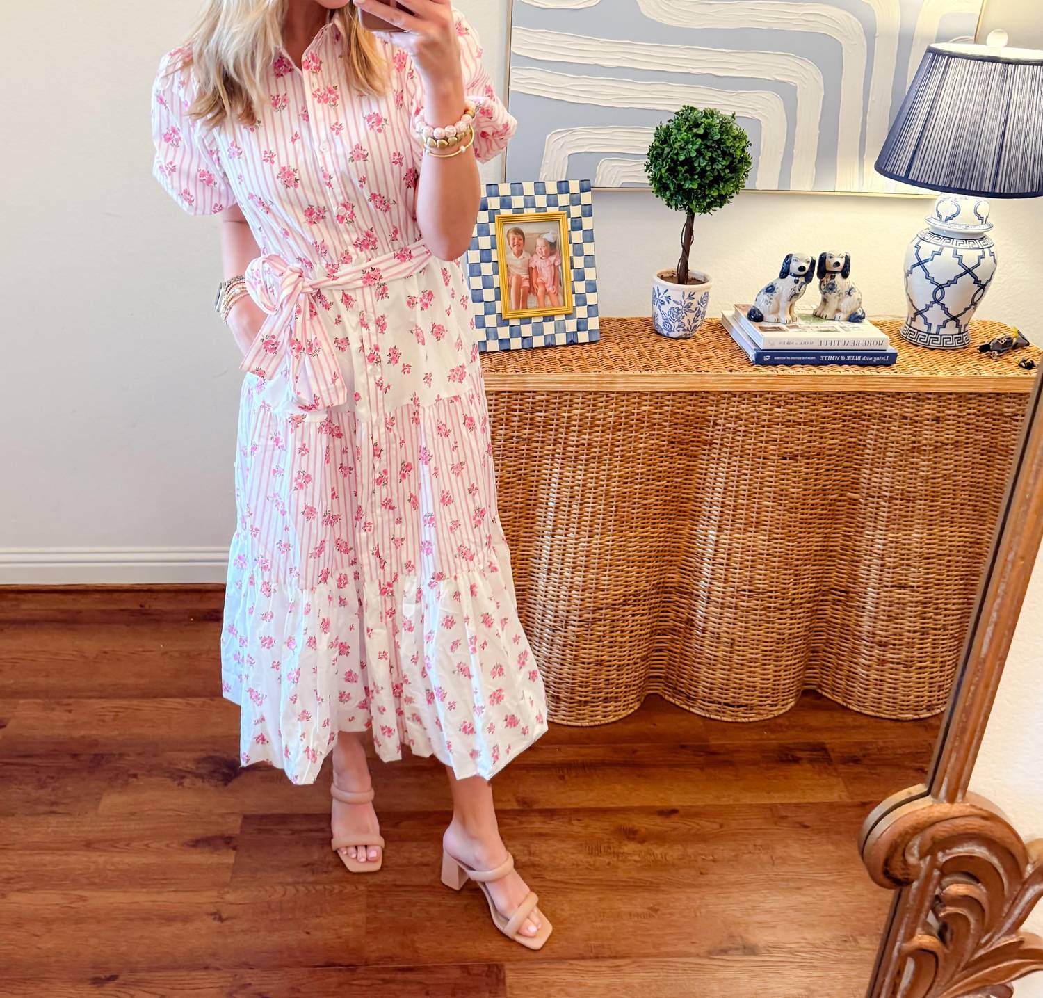 Peach Love - Bunches Of Flowers Block Print Midi Dress