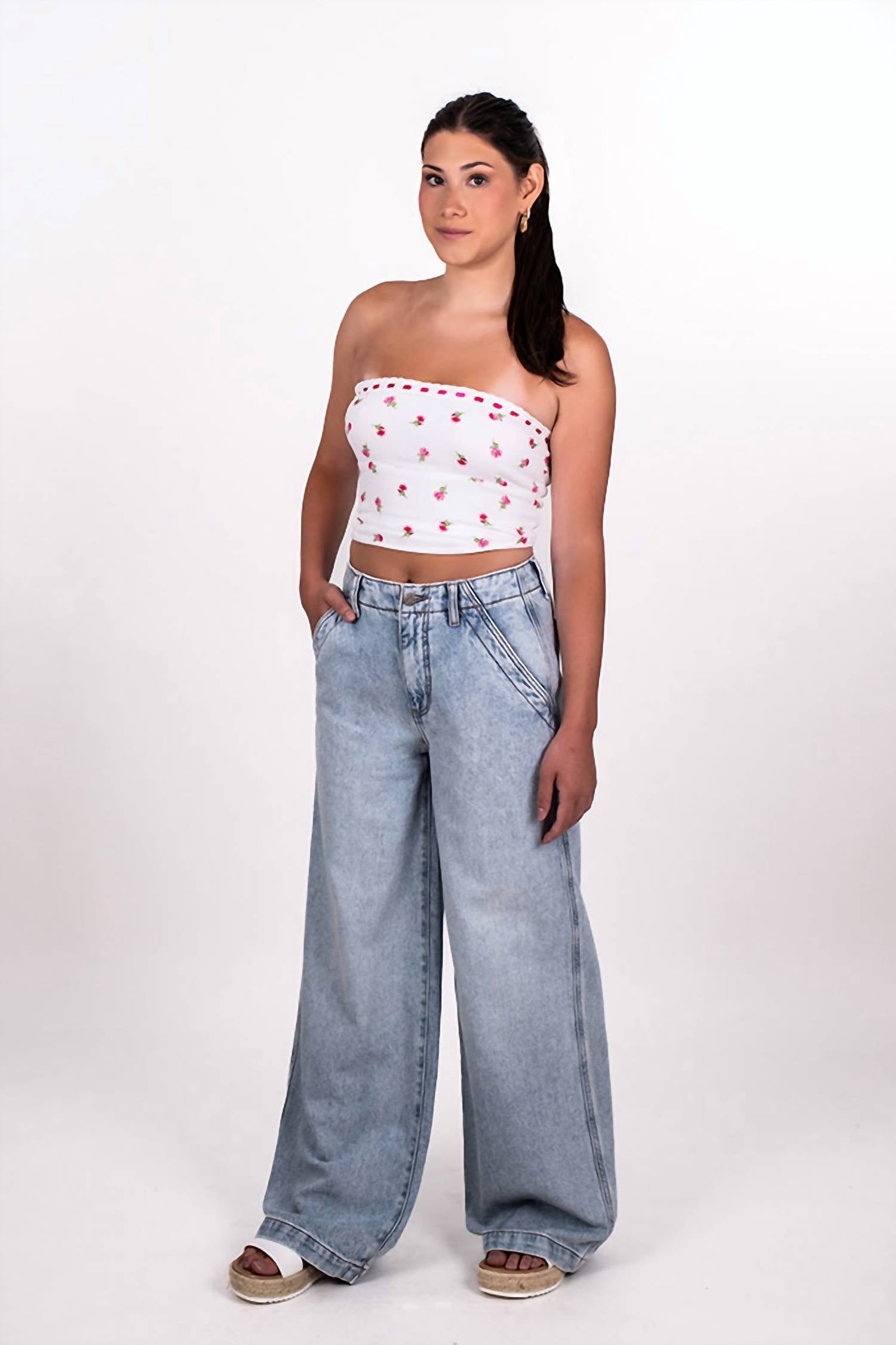 Sky To Moon - Women's Strapless Ditsy Floral Ribbon Top