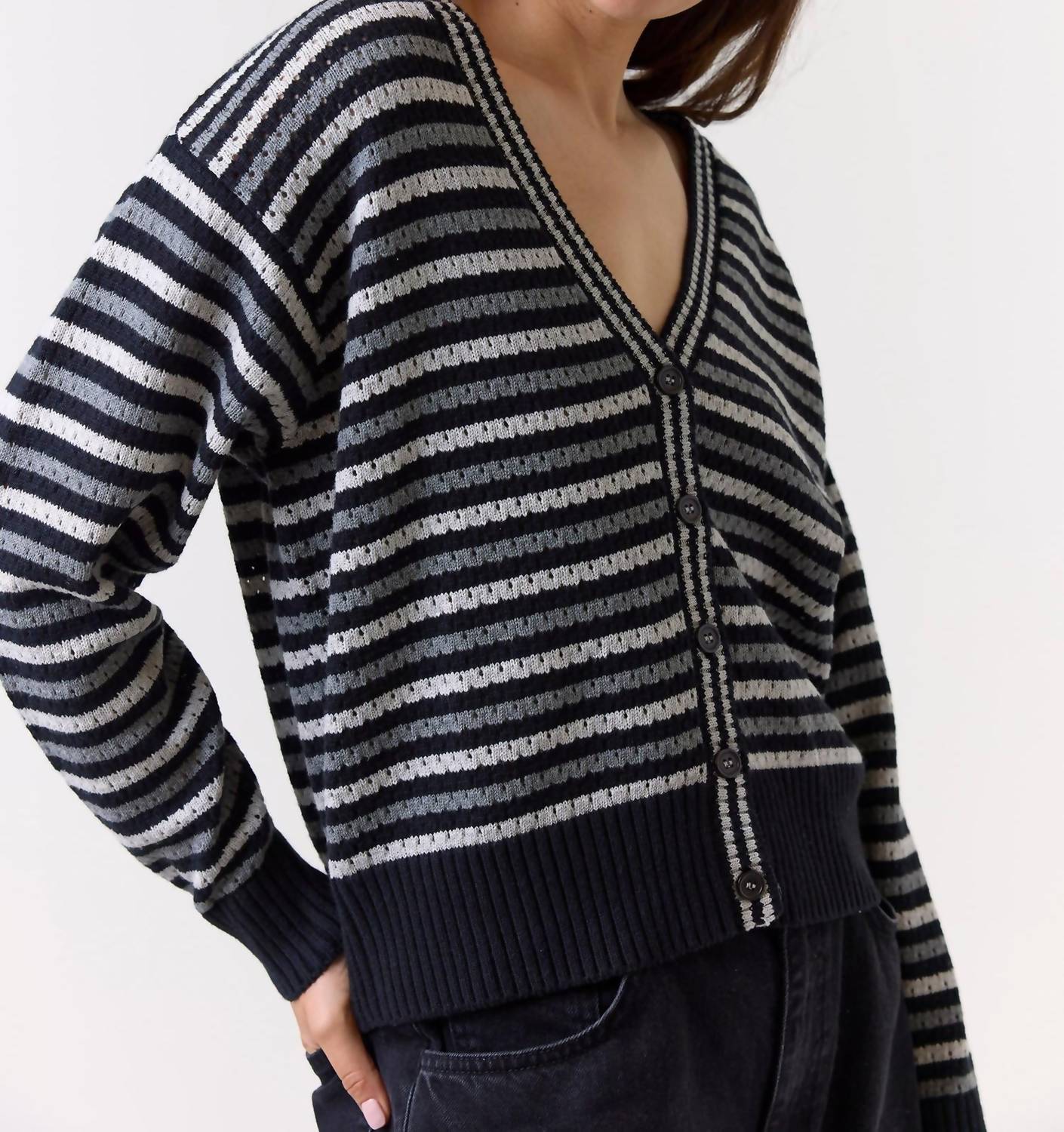 Wispr Pamilla Stripe Cardigan in navy - women's cardigan - detail view
