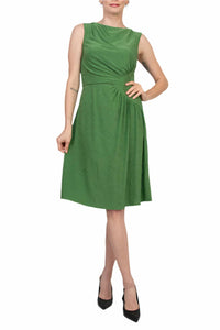 London Times - Ruched Side Textured Leaf Detail Asymmetrical Midi Dress
