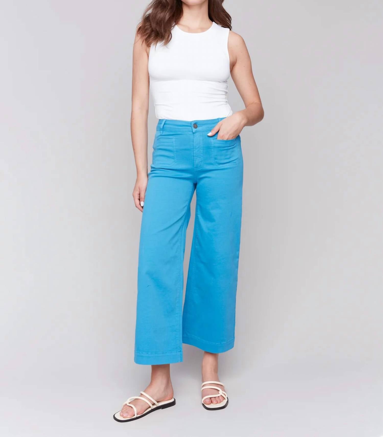 CHARLIE B Cropped Flare Leg Front Patch Pocket Pants in lagoon - women's pants