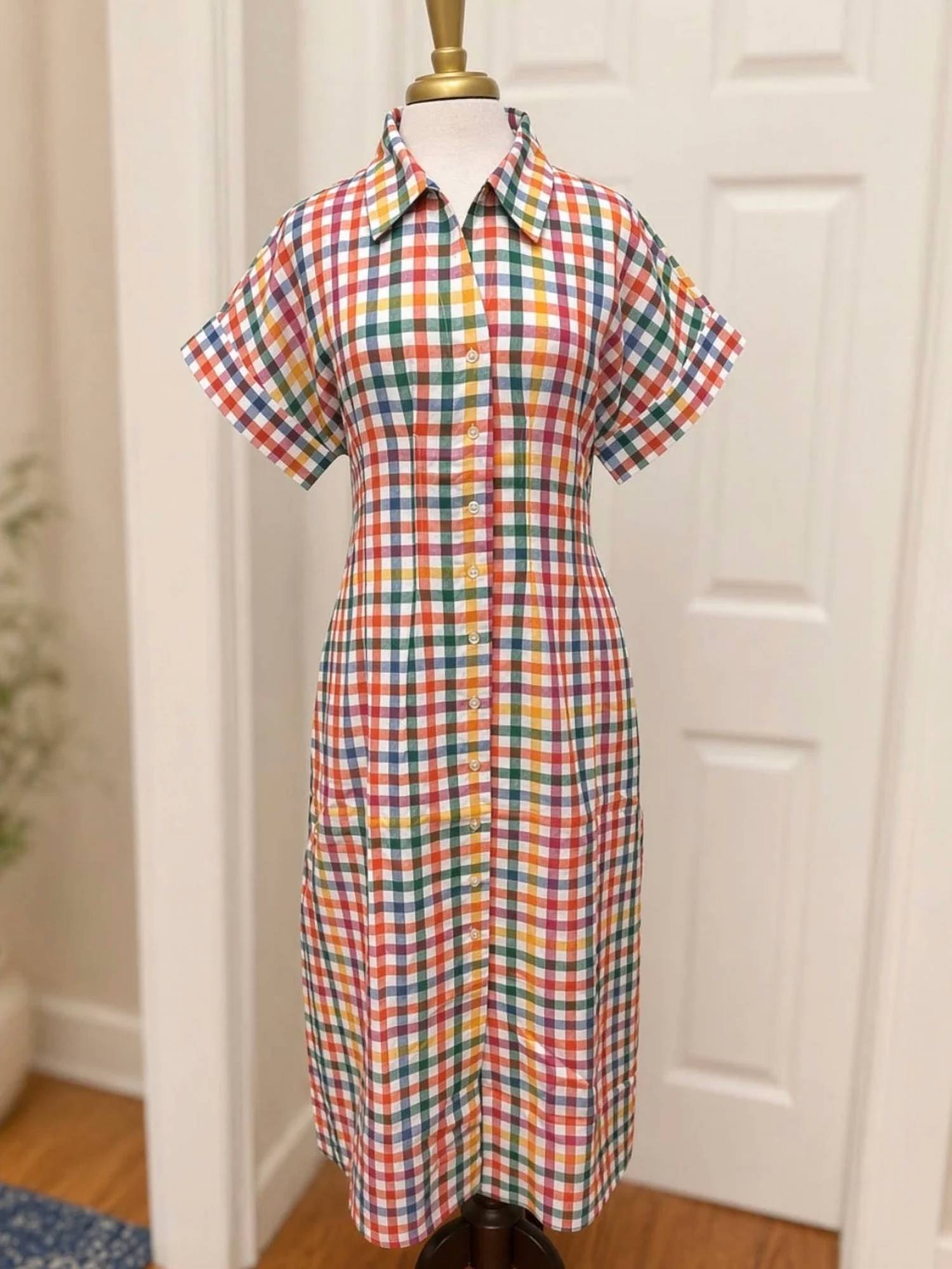 Thml - Summertime Plaid Short Sleeve Button Down Midi Dress