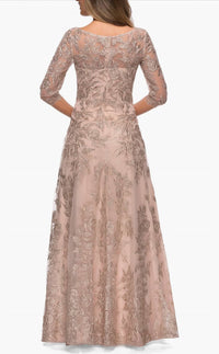 La Femme - Floral Embroidered Mesh A-line Gown