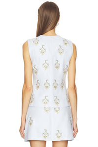 Rosewater House Sarv Embroidered Vest in blue white - women's jacket - detail view