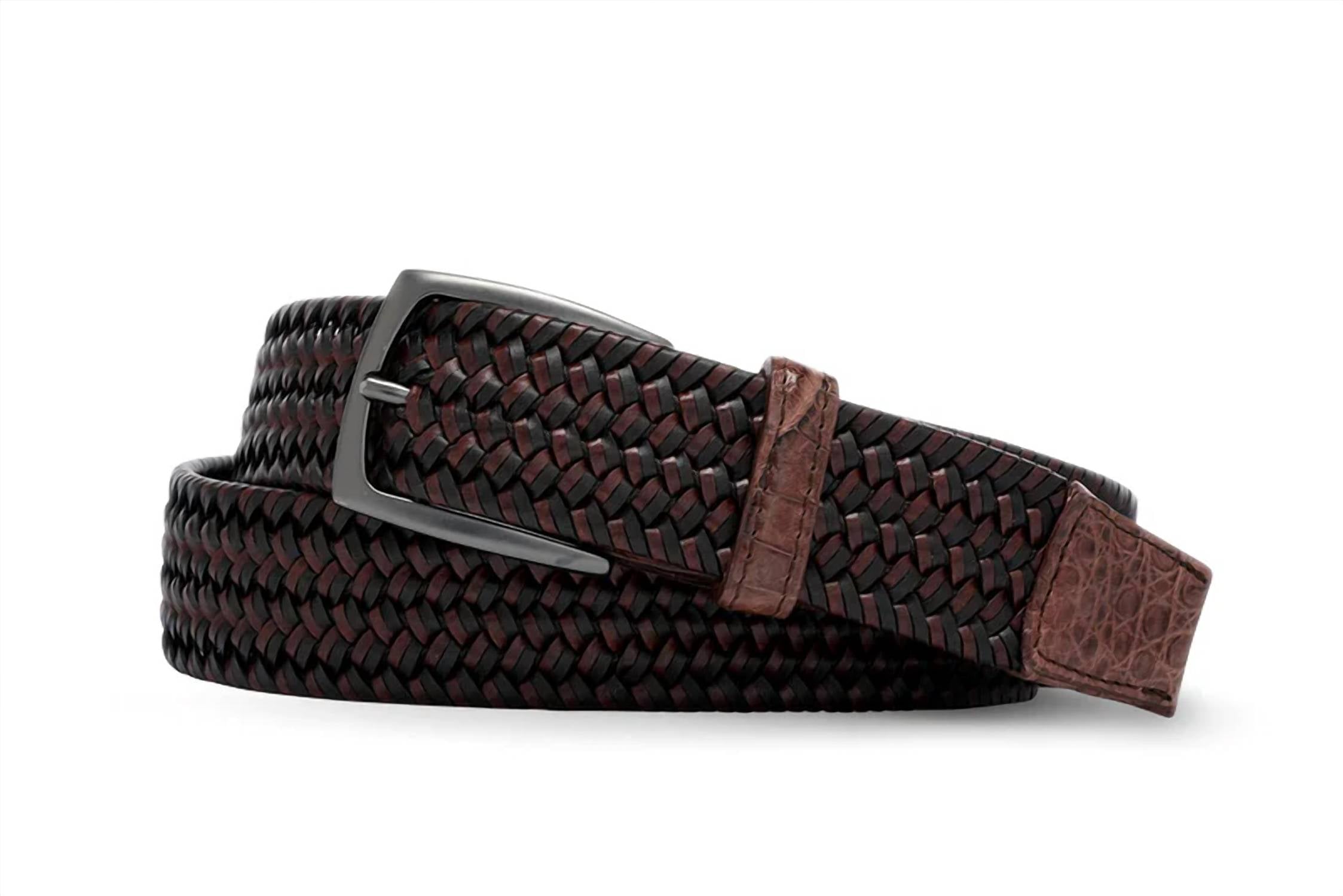 W. Kleinberg Leather Stretch Belt with Croc Tabs and Gunmetal Buckle in cigar - men's accessory