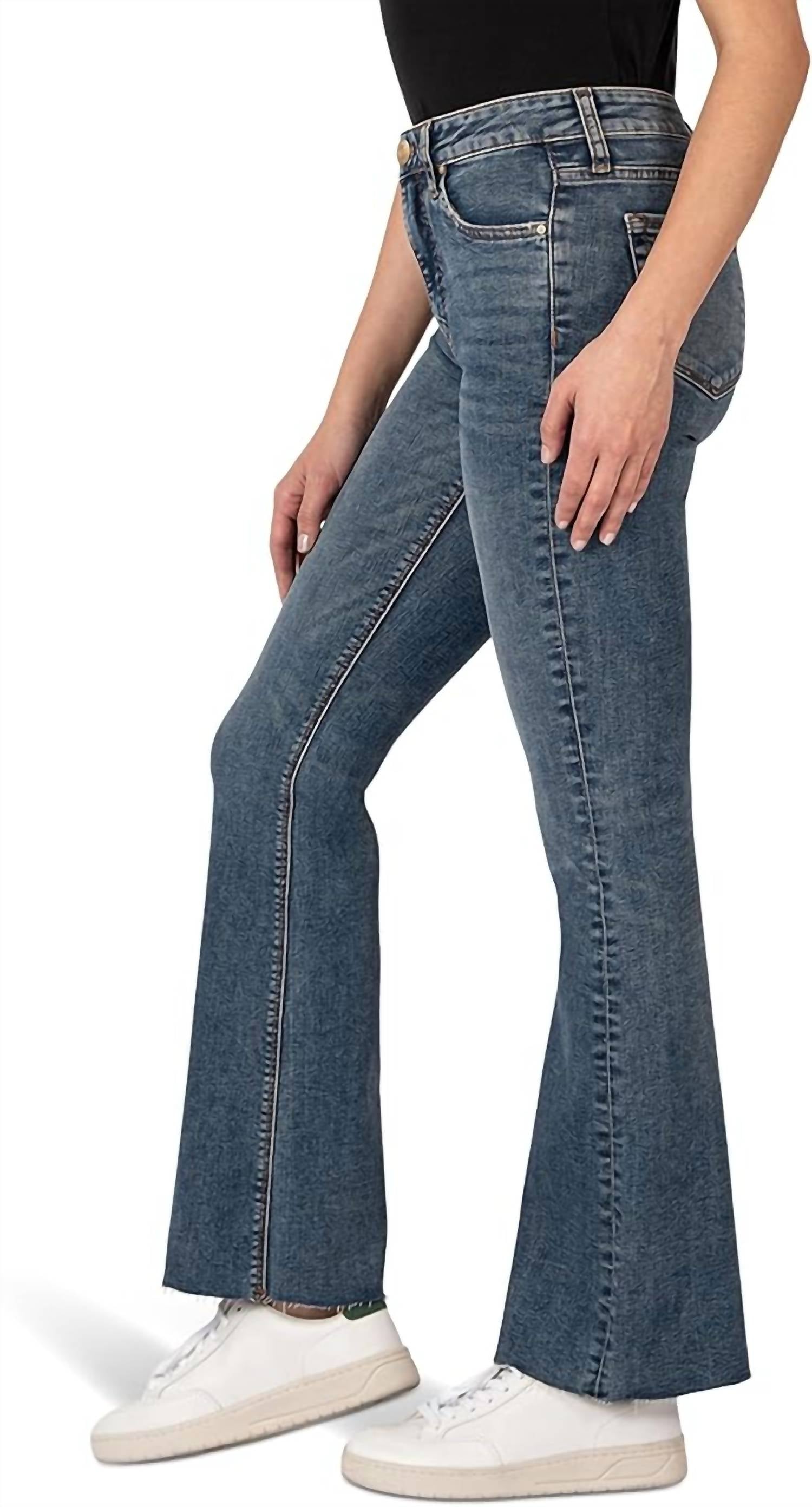 KUT FROM THE KLOTH Stella High Rise Fab Ab Flare With Raw Hem Jeans in debonairly - women's jeans - detail view