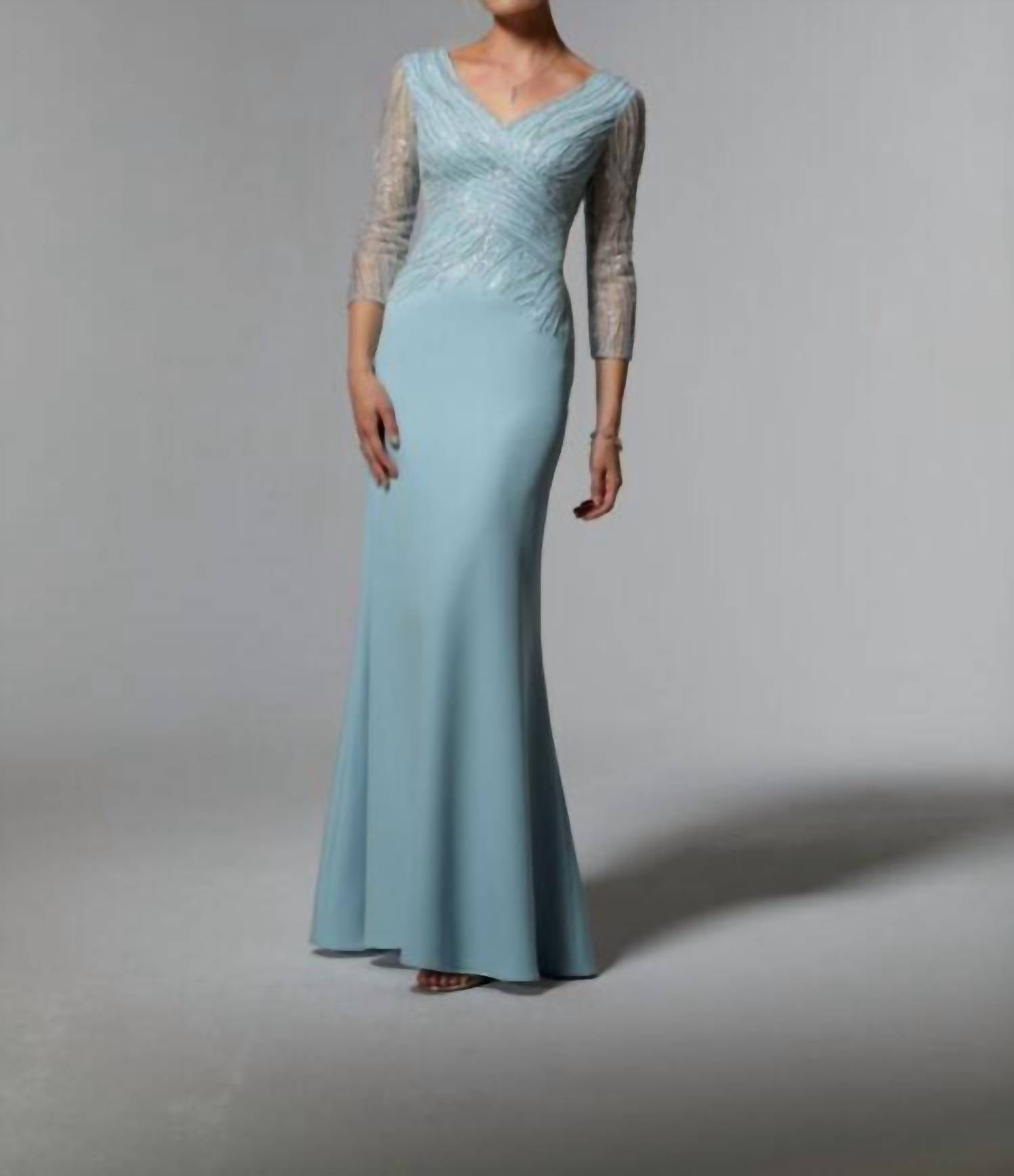 MGNY V-neck Illusion Sleeve Dress in light blue - women's dress