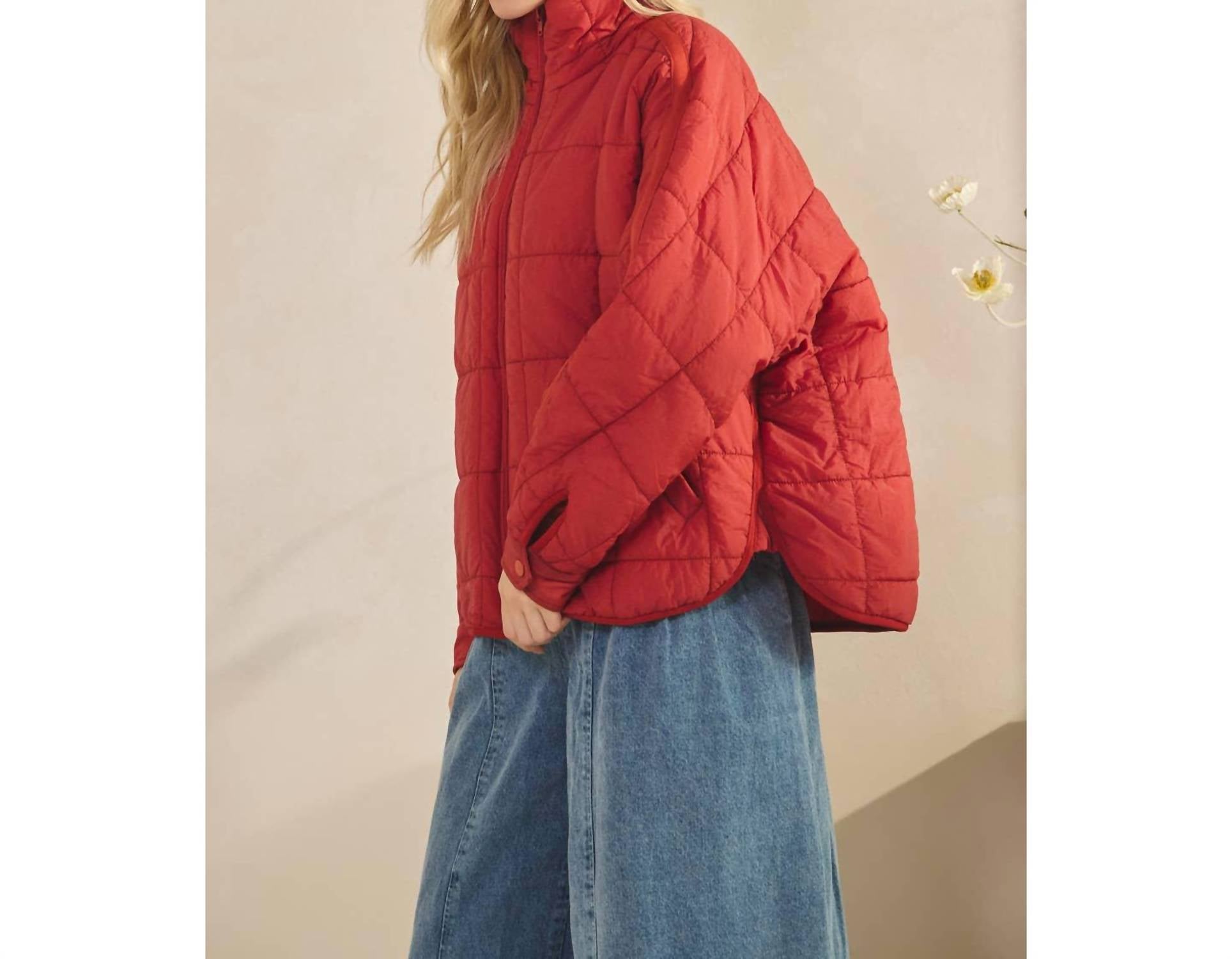 Veveret Zip Up Packable Puffer Jacket in brick - women's jacket - detail view