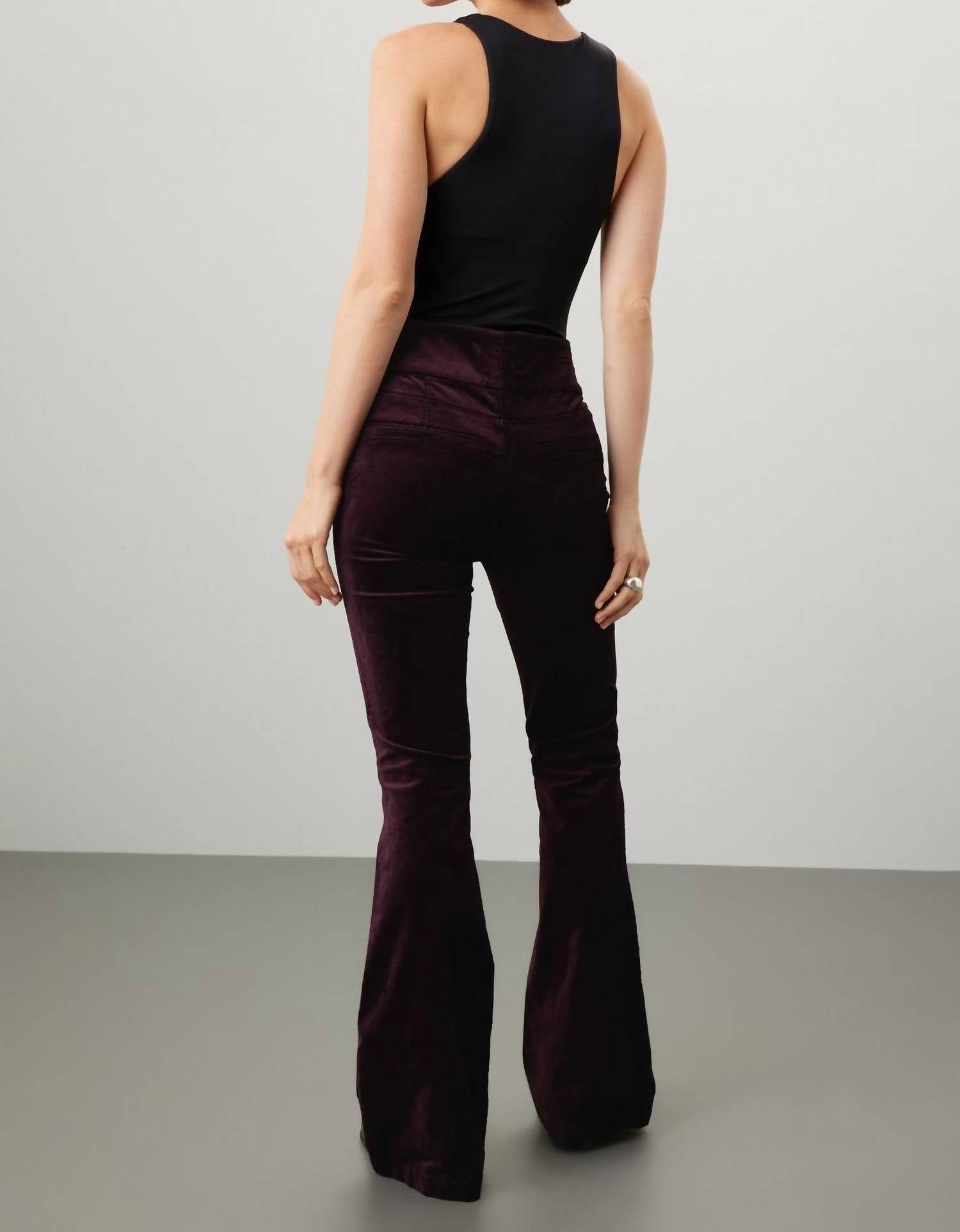 Paige High Rise Lou Lou Velvet Pants in black cherry - women's pants - detail view