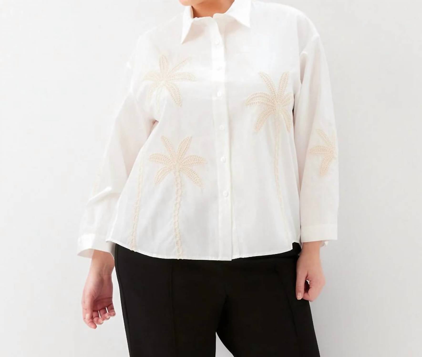 Karen Kane - Bell Sleeve Embroidered Palm Tree Shirt - Plus