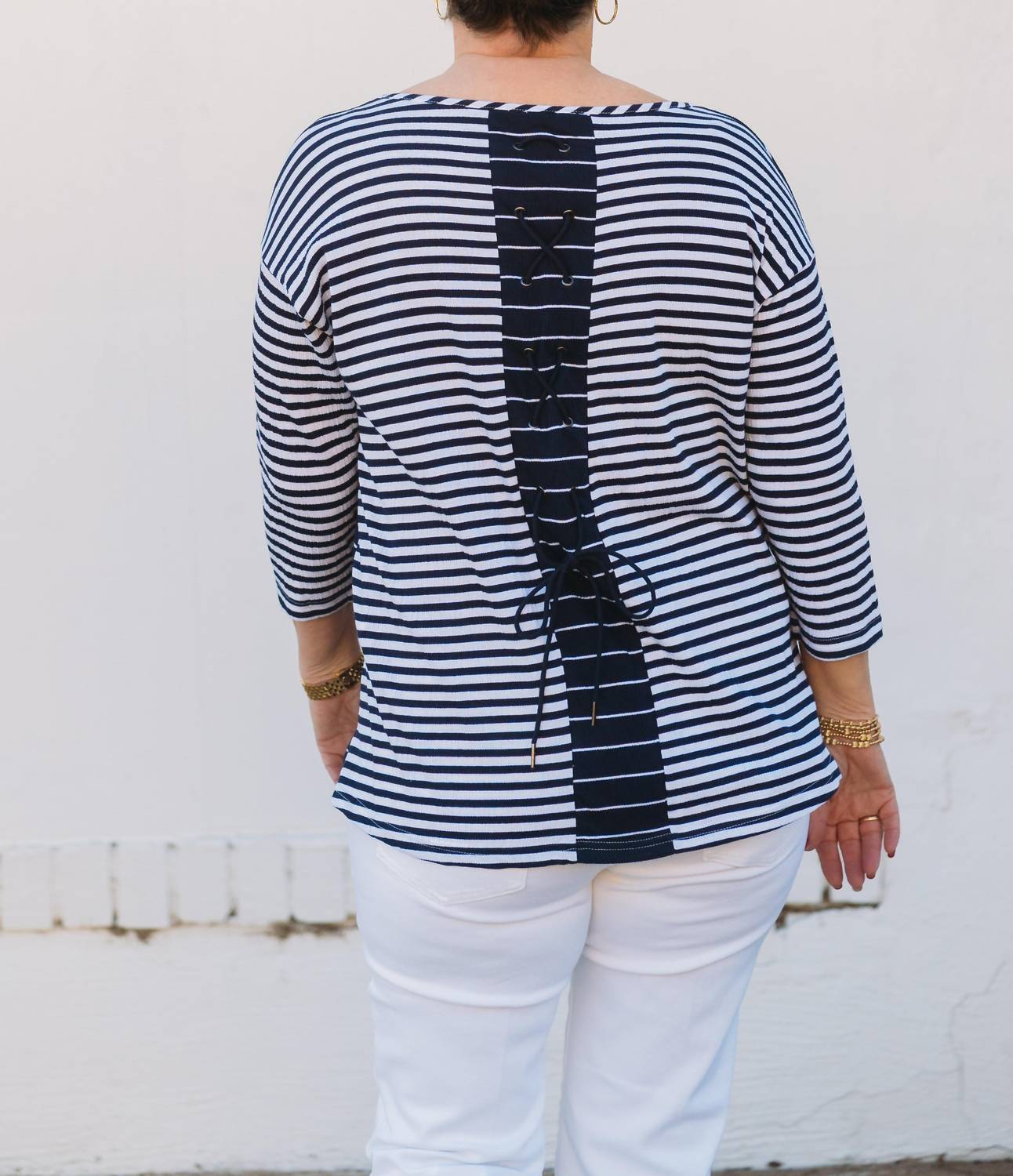 Multiples - 3/4 Sleeve Scoop Neck Laced Tie Back Hi-lo Top