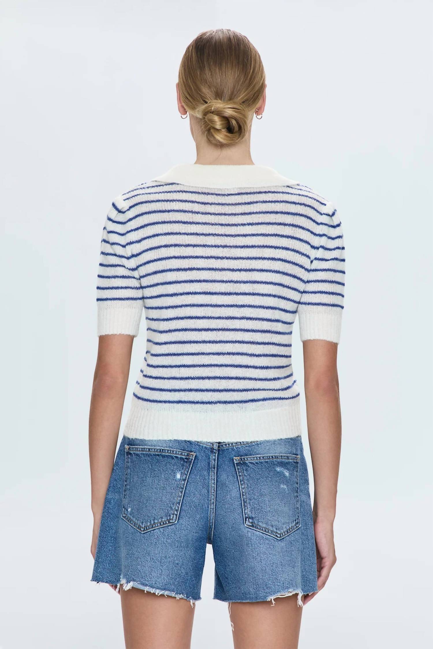 PISTOLA Billie Pleat Short Sleeve Top in navy blue and white striped - women's t-shirt - detail view