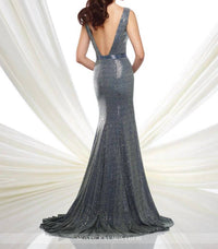 Social Occasions By Mon Cheri - Illusion Deep V-Neck Slate Sequin Floor Length Gown