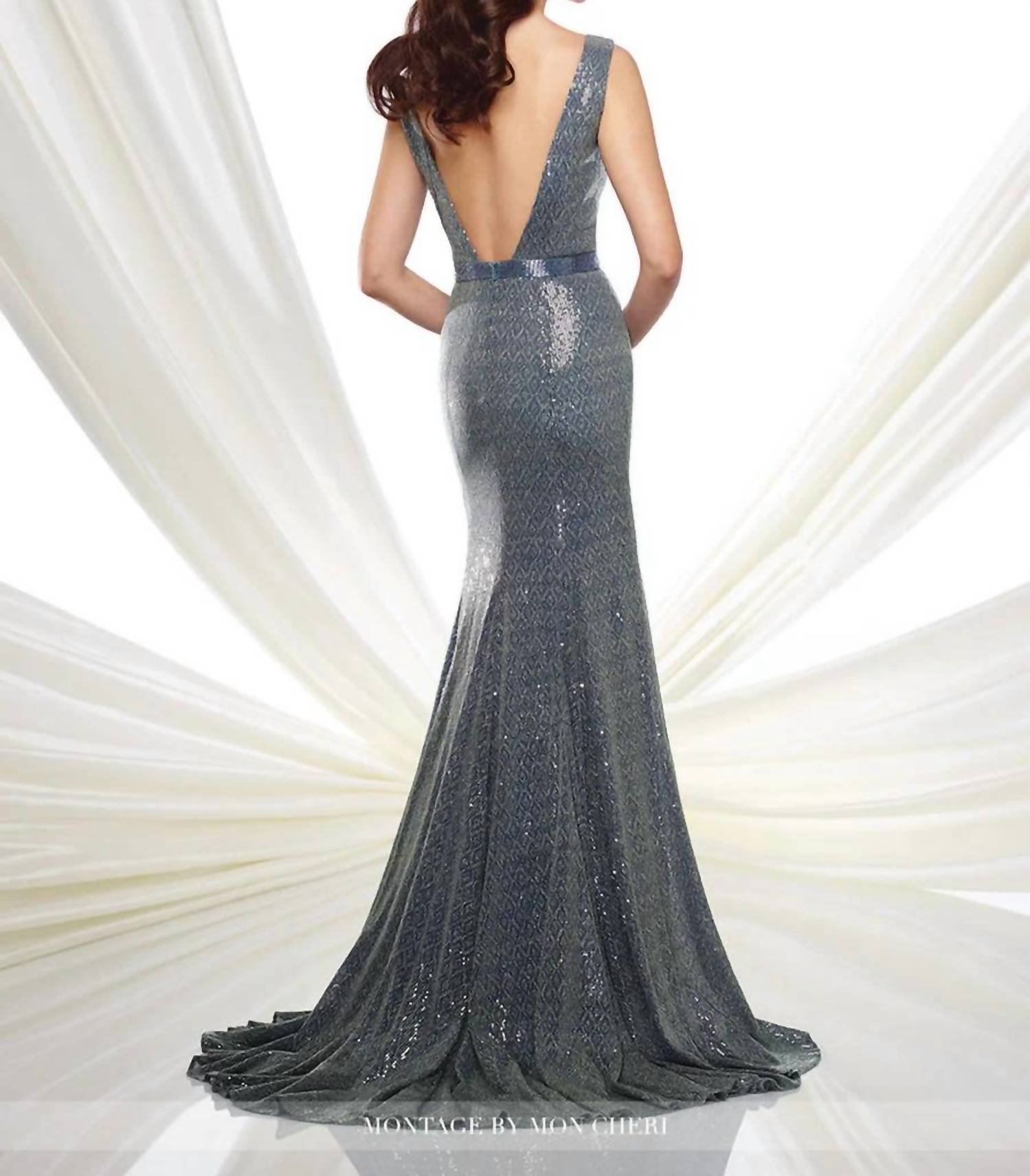 Social Occasions By Mon Cheri - Illusion Deep V-Neck Slate Sequin Floor Length Gown