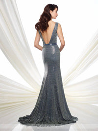 Social Occasions By Mon Cheri - Illusion Deep V-Neck Slate Sequin Floor Length Gown