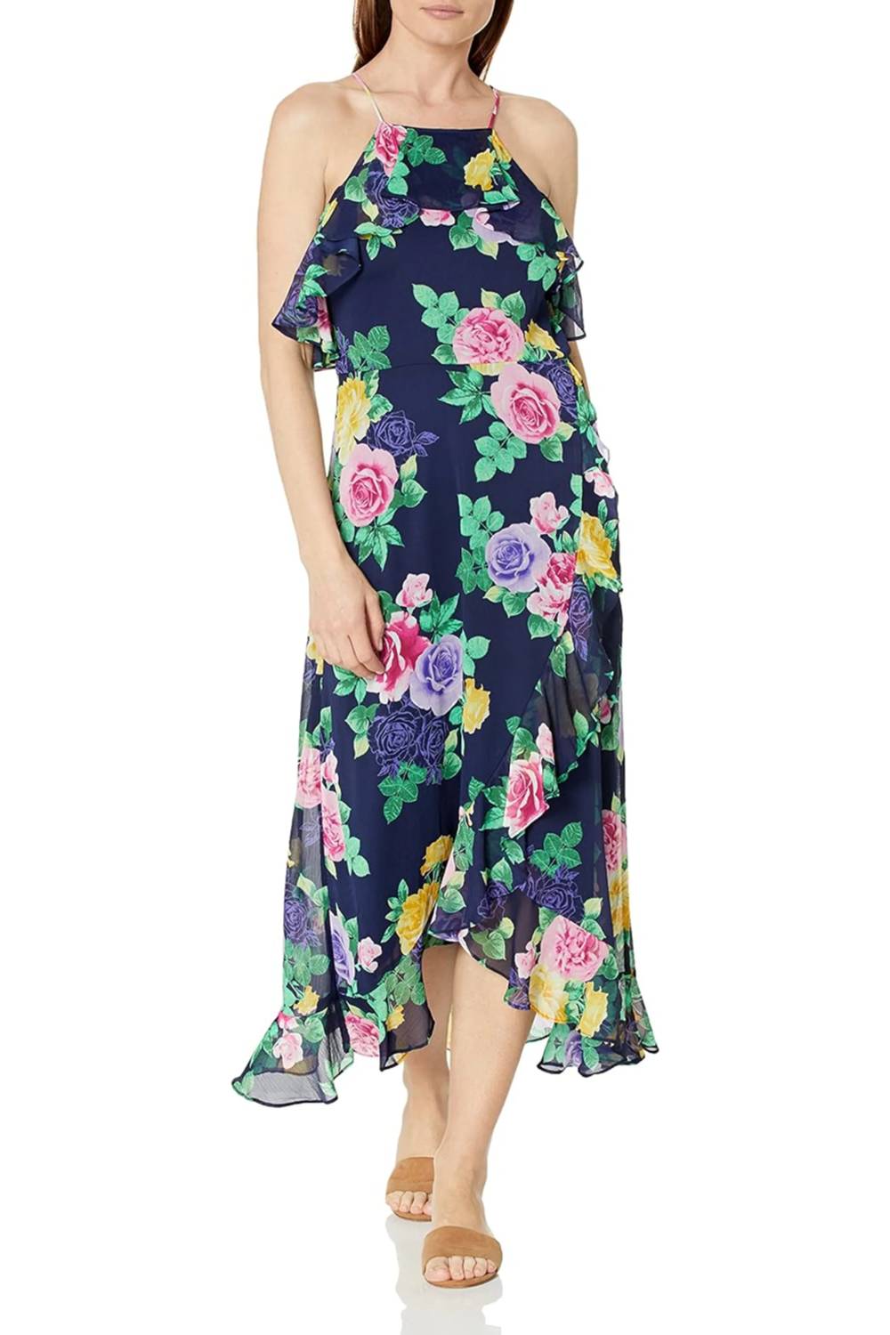 London Times - Floral Halter Off-the-Shoulder Dress