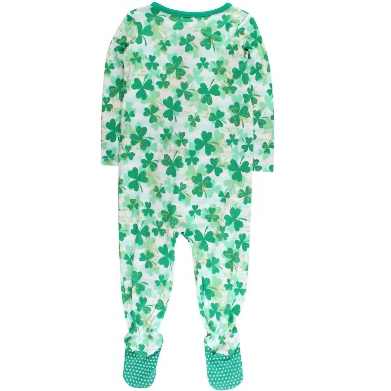 RuffleButts Kid's Bamboo Clover Field Footed Pajama in green - kids' item - detail view