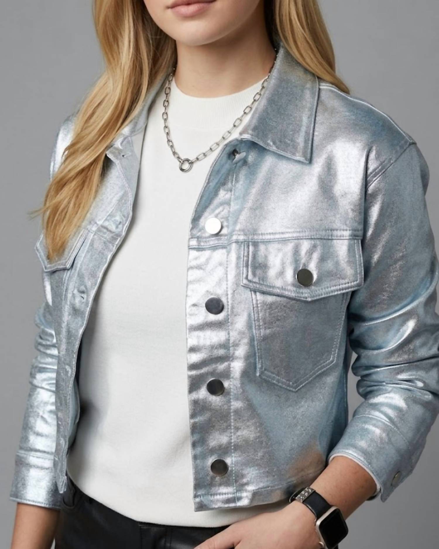 HYFVE Cropped Metallic Jacket in silver - women's jacket - detail view