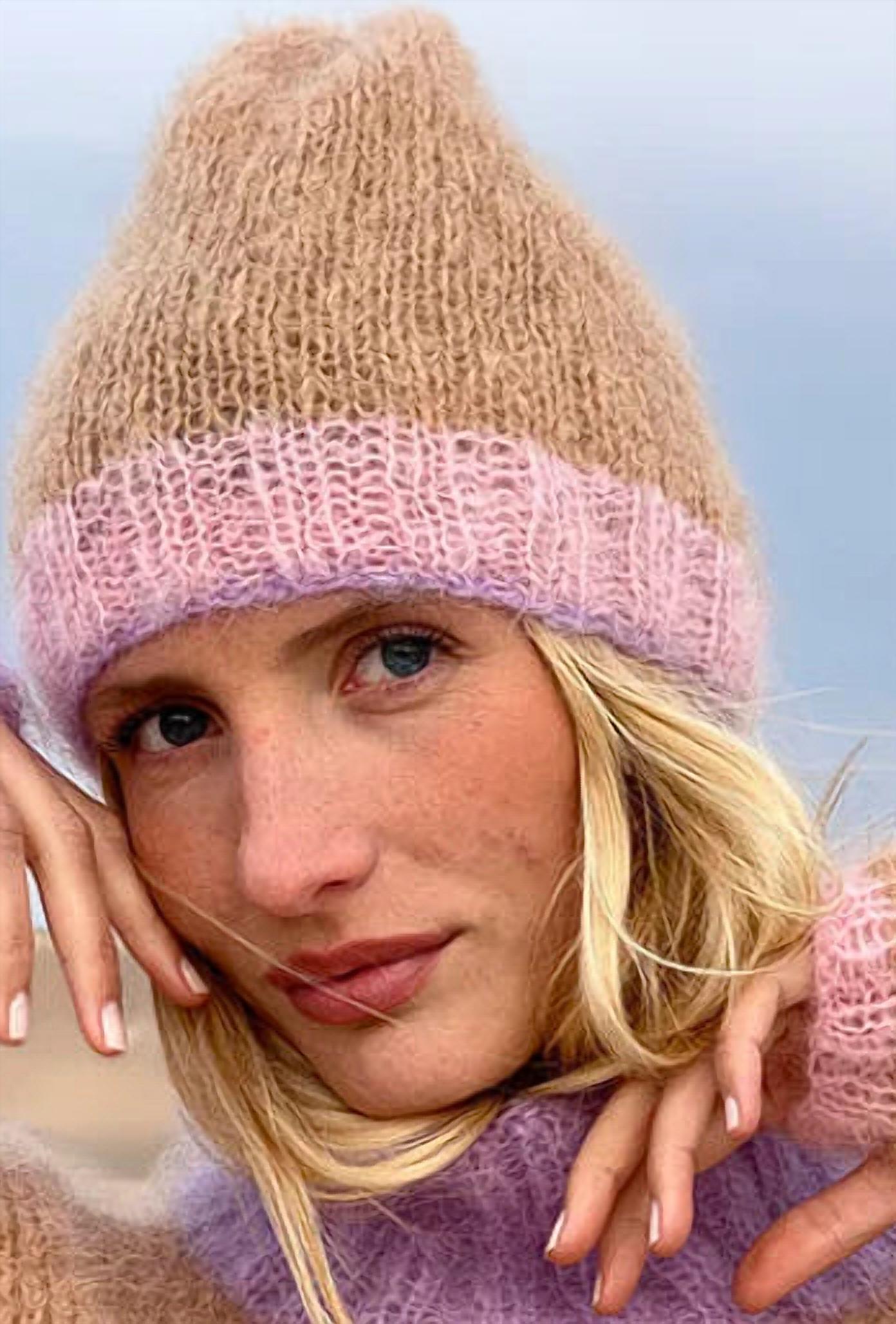 Rose Carmine Colorblock Tricolor Hat in beige - women's hat