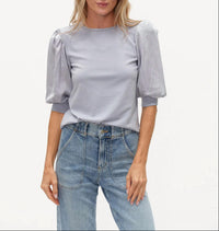 SIX/FIFTY Solara Mixed Media Satin Top in denim - women's blouse