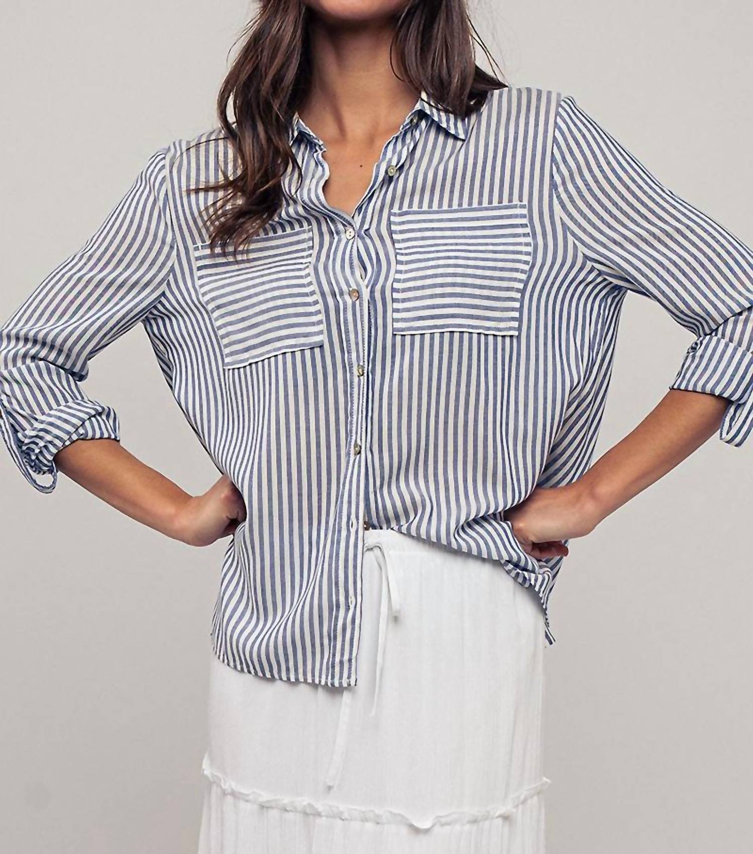 trend:notes Button Up Stripe Top in blue - women's shirt