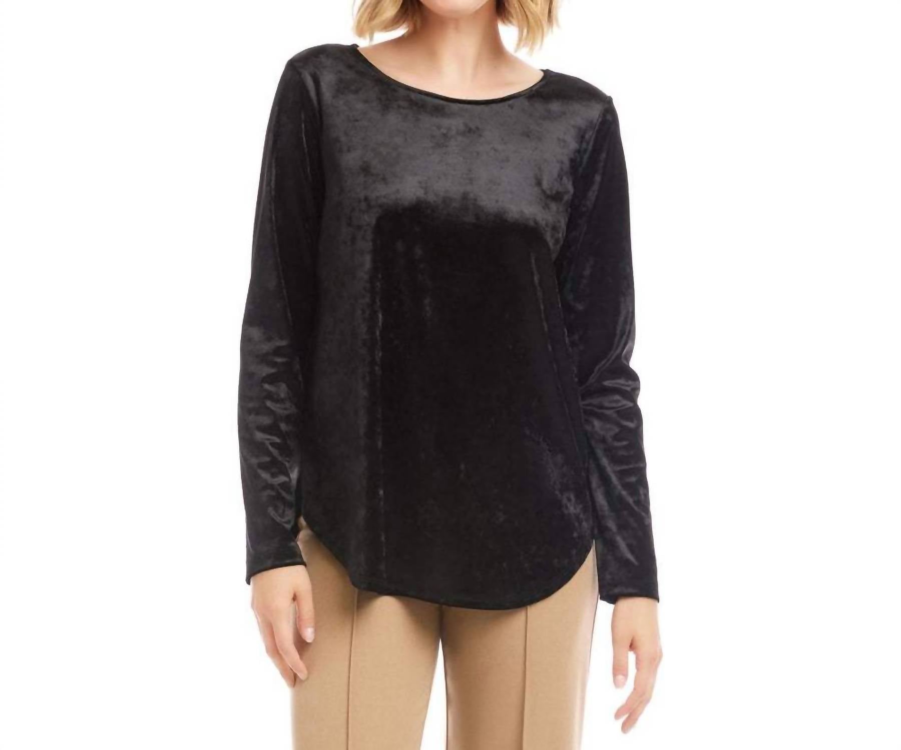 Karen Kane Long Sleeve Crushed Velvet Shirttail Top in black - women's blouse