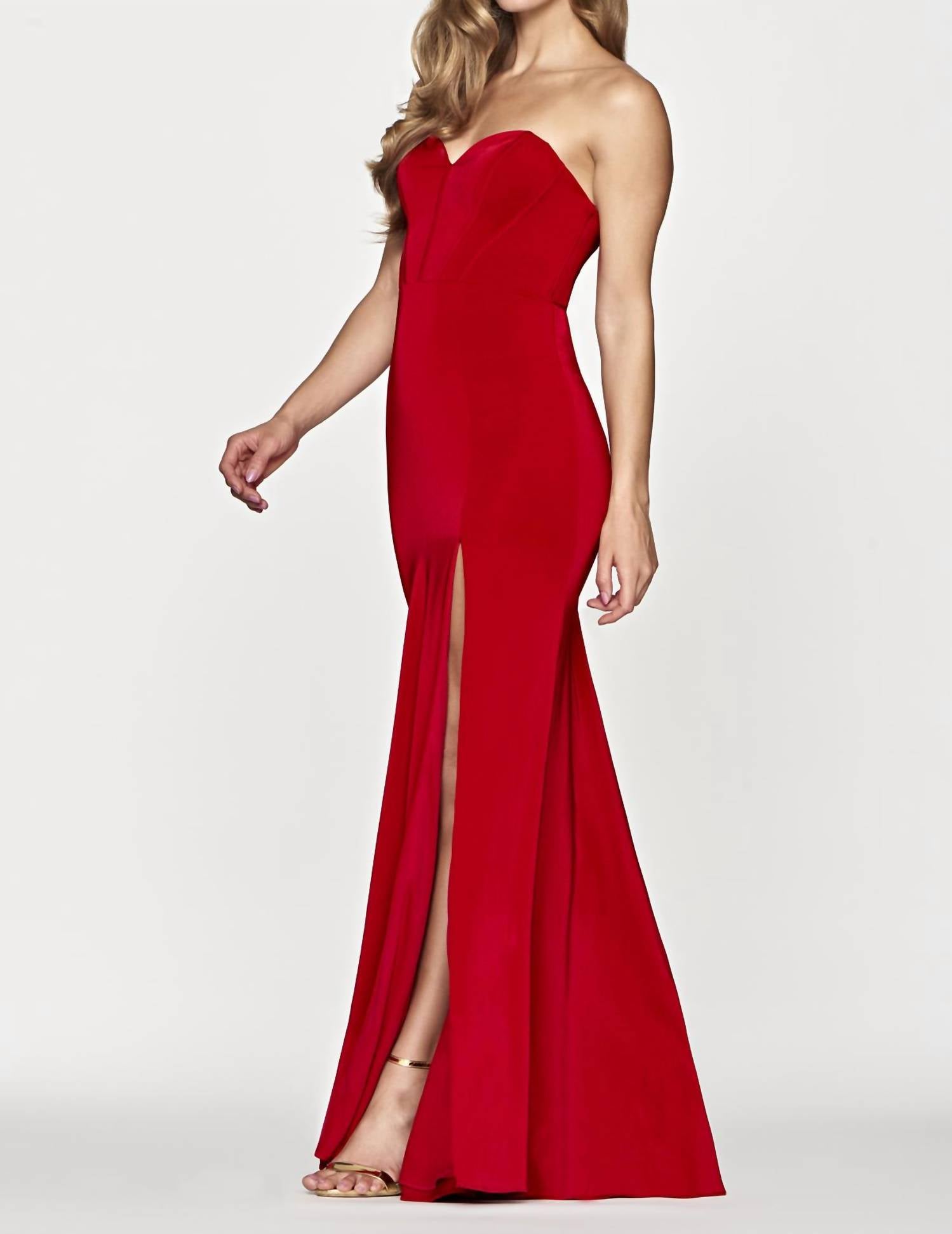 FAVIANA Strapless Stretch Faille Satin Dress in red - women's dress - detail view