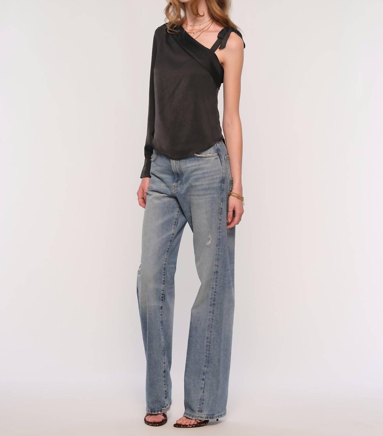 heartloom Reyna Satin Asymmetric One Sleeve Top in black - women's blouse - detail view
