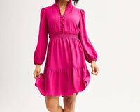 LONDON TIMES Smocked Waist Tiered Mini Dress in fuchsia - women's dress