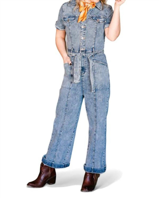 And The Why - DONNA SHORT SLEEVE CROPPED DENIM JUMPSUIT