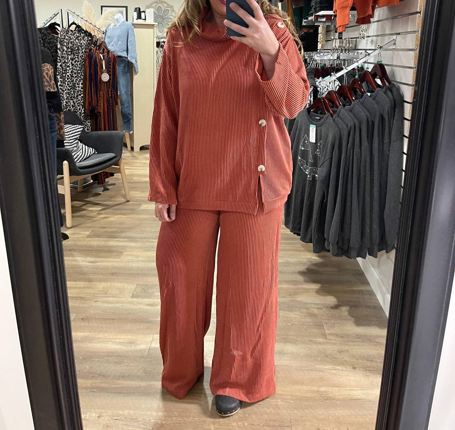 Dear Scarlett Lavish Raised Ribbed Button Trim Set in rust - women's sleepwear - alternate view