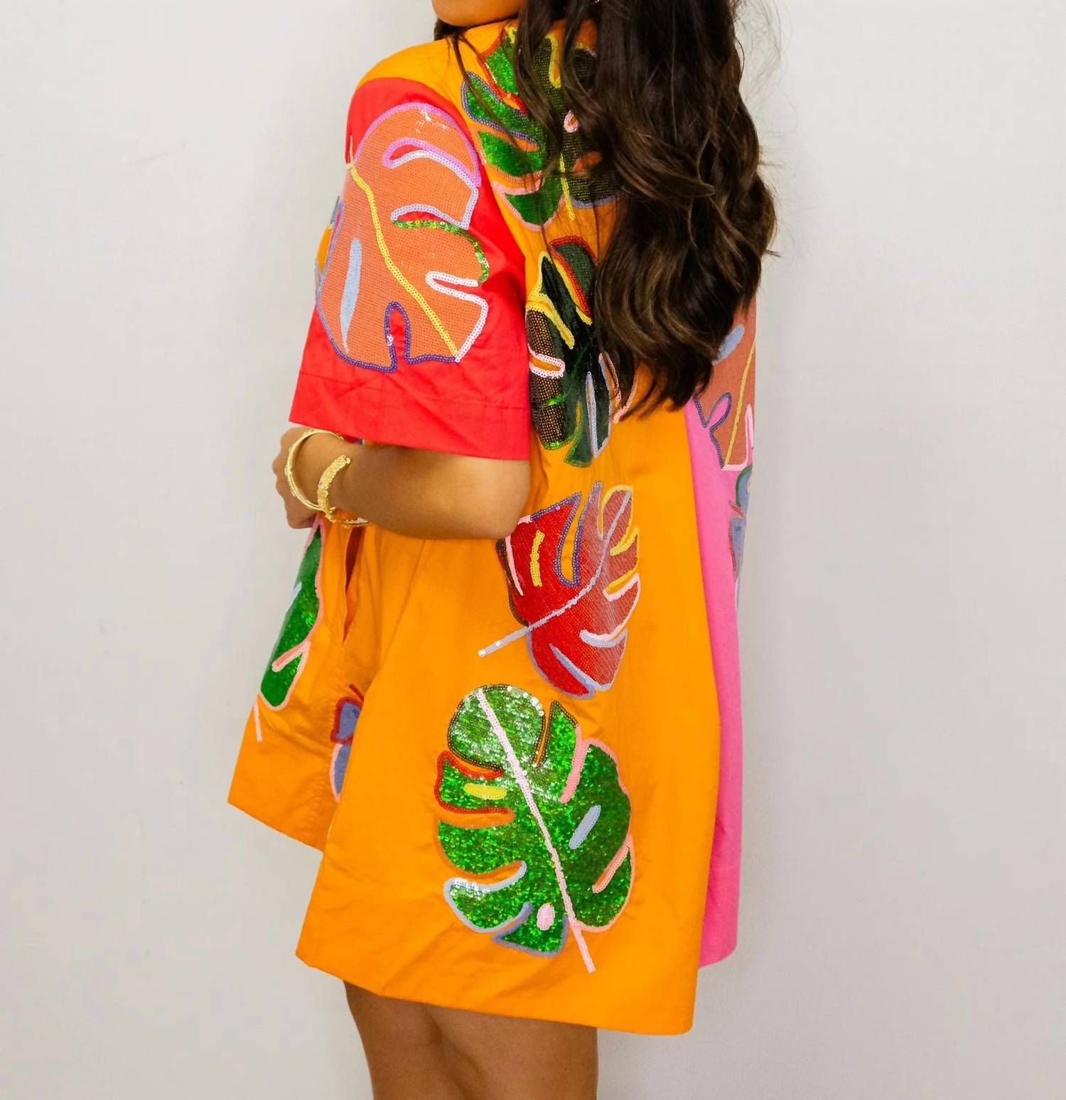 Queen Of Sparkles - Colorblock Cotton Palm Leaf Short Sleeve Dress
