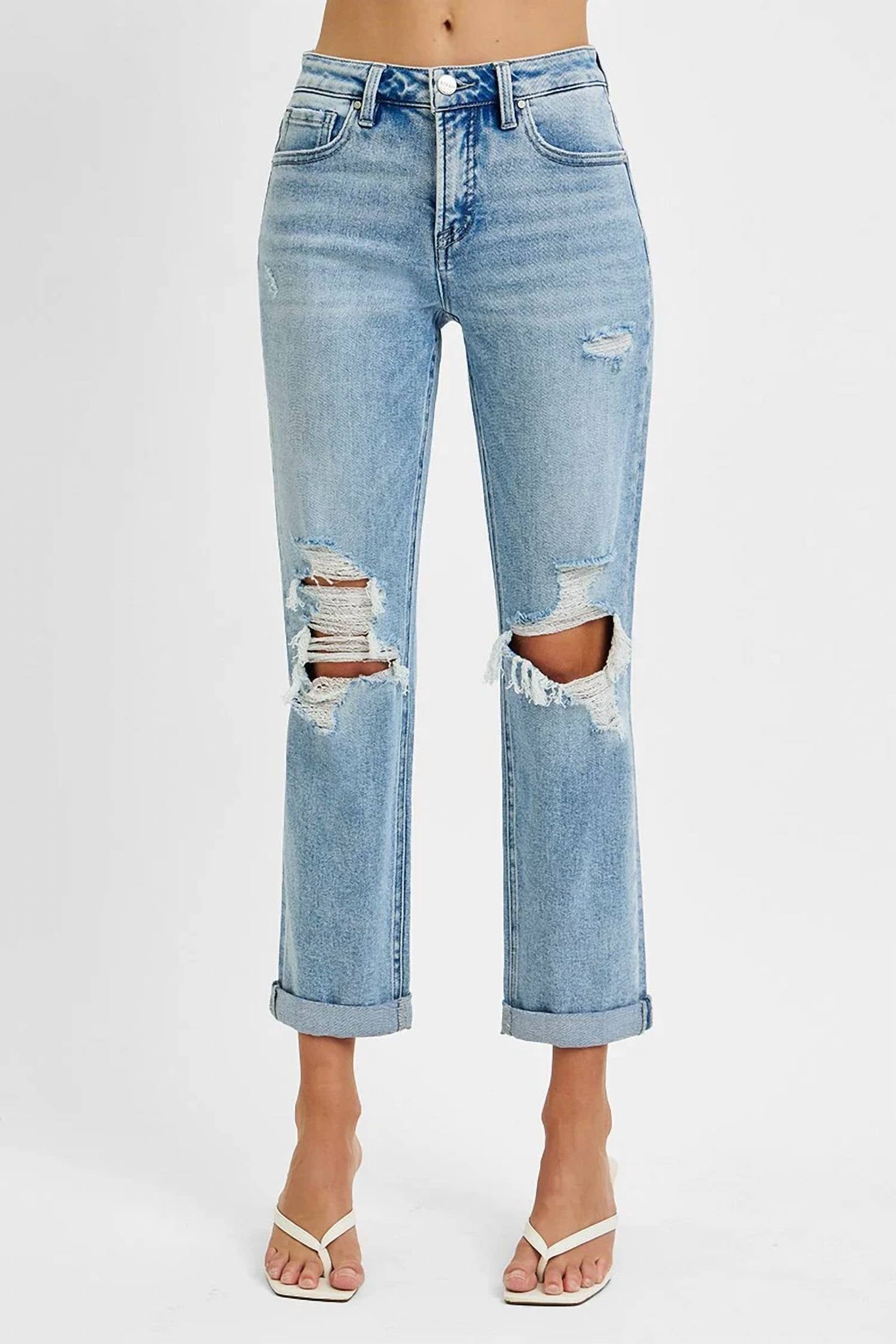 Risen - Tummy Control High Rise Straight Double Roll Up Jeans