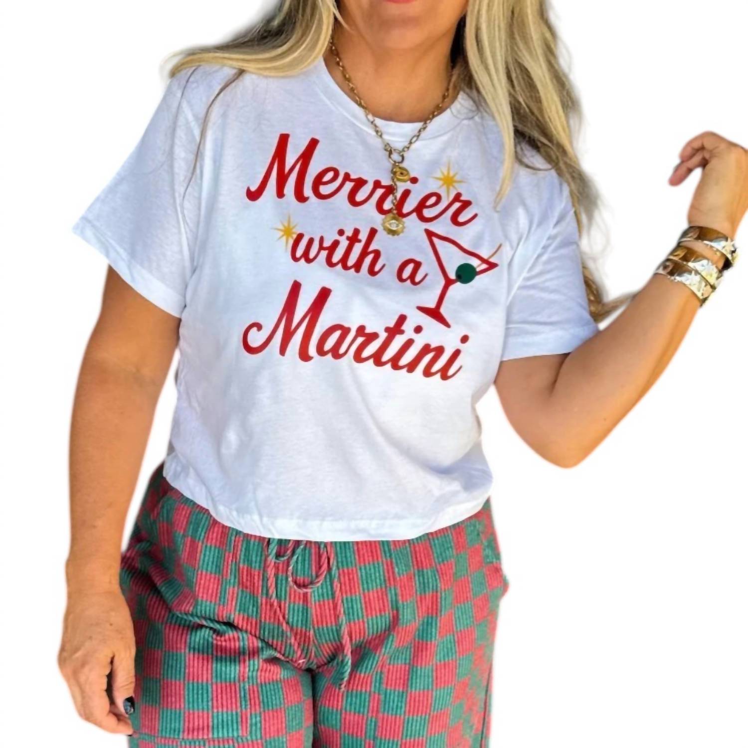 BLAKELEY Merrier With A Martini Graphic Tee in white red - women's t-shirt