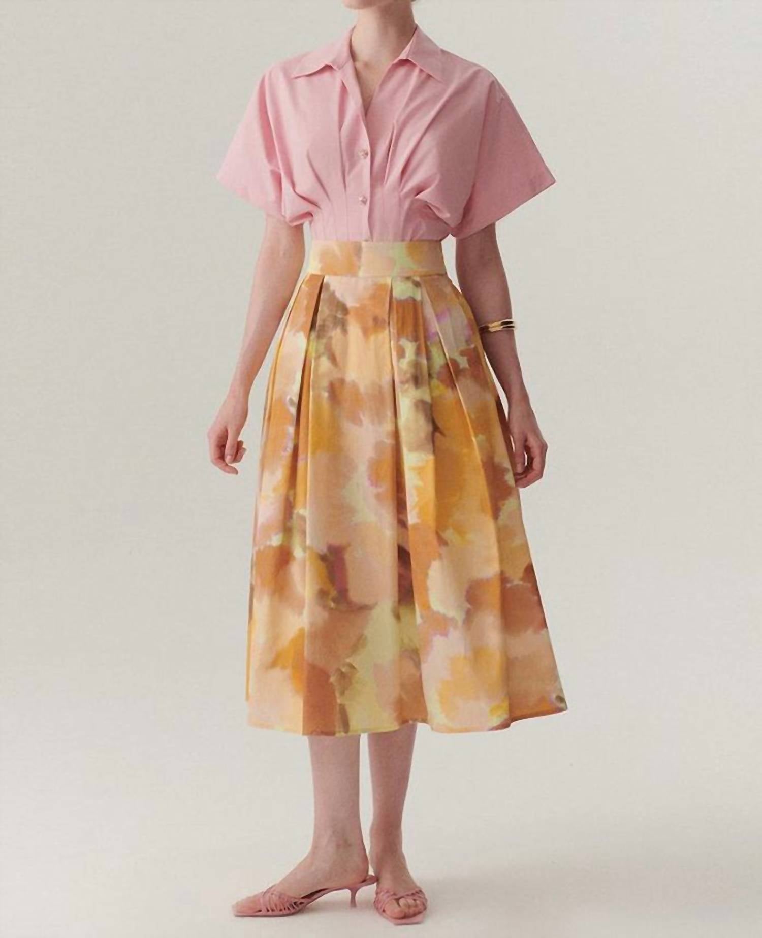 Exquise - Valentina Watercolor Print Pleated Midi Skirt
