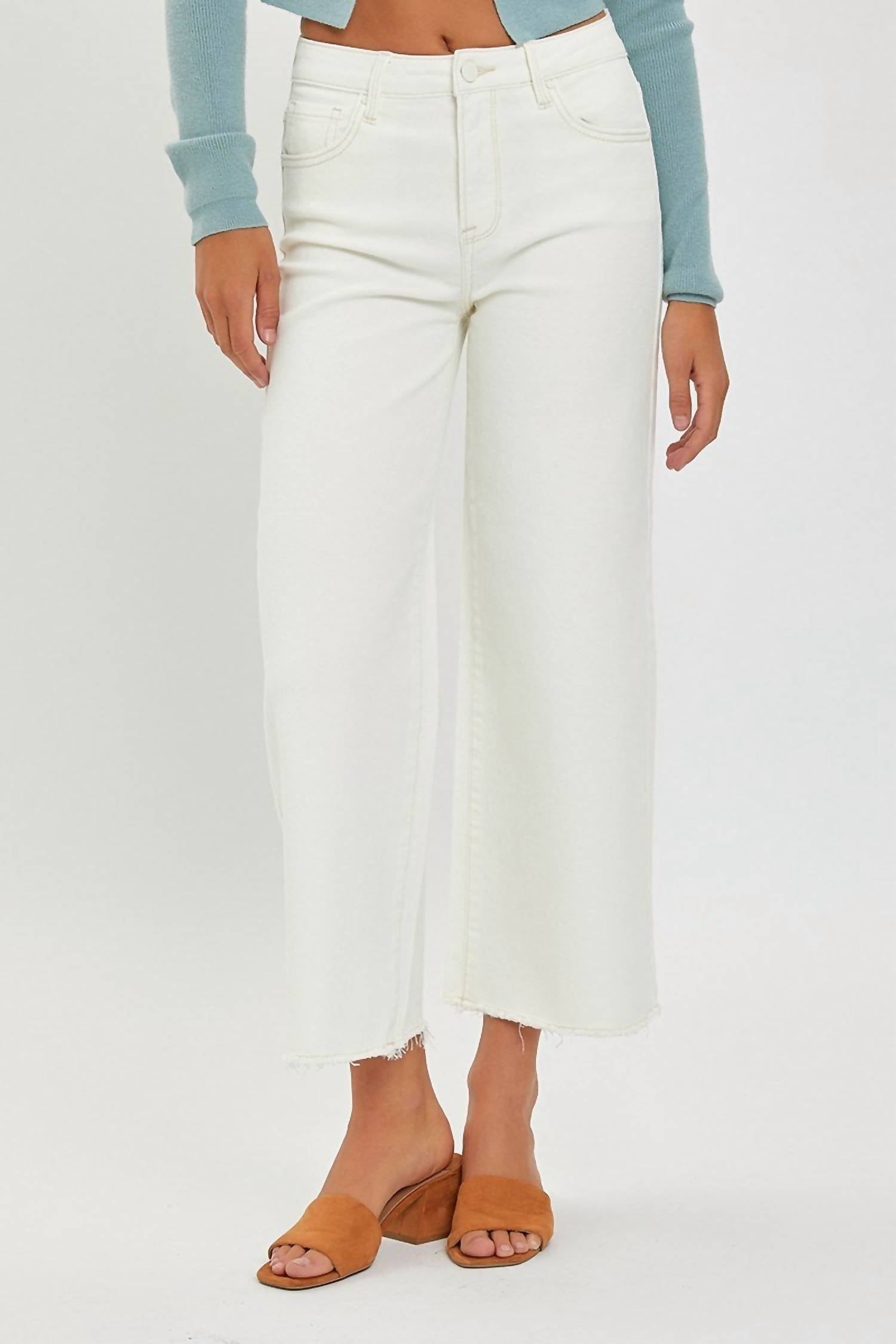RISEN High Rise Tummy Control Crop Wide Leg Pants in cream - women's pants