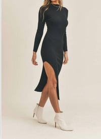 Mable - Long sleeve midi sweater dress with one side high slit.
