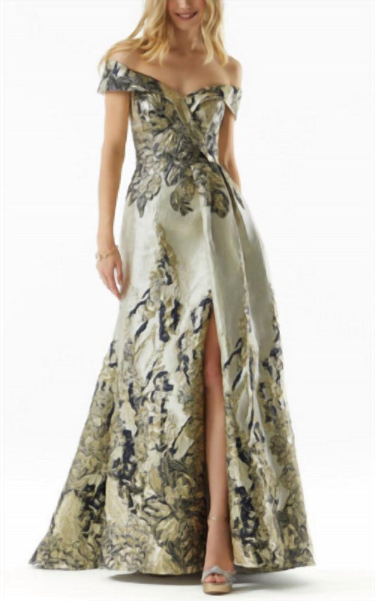 Mgny - Metallic Jacquard Evening Gown