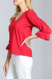 APNY V Neck Renaissance Sleeve Blouse in rocco red - women's blouse - detail view