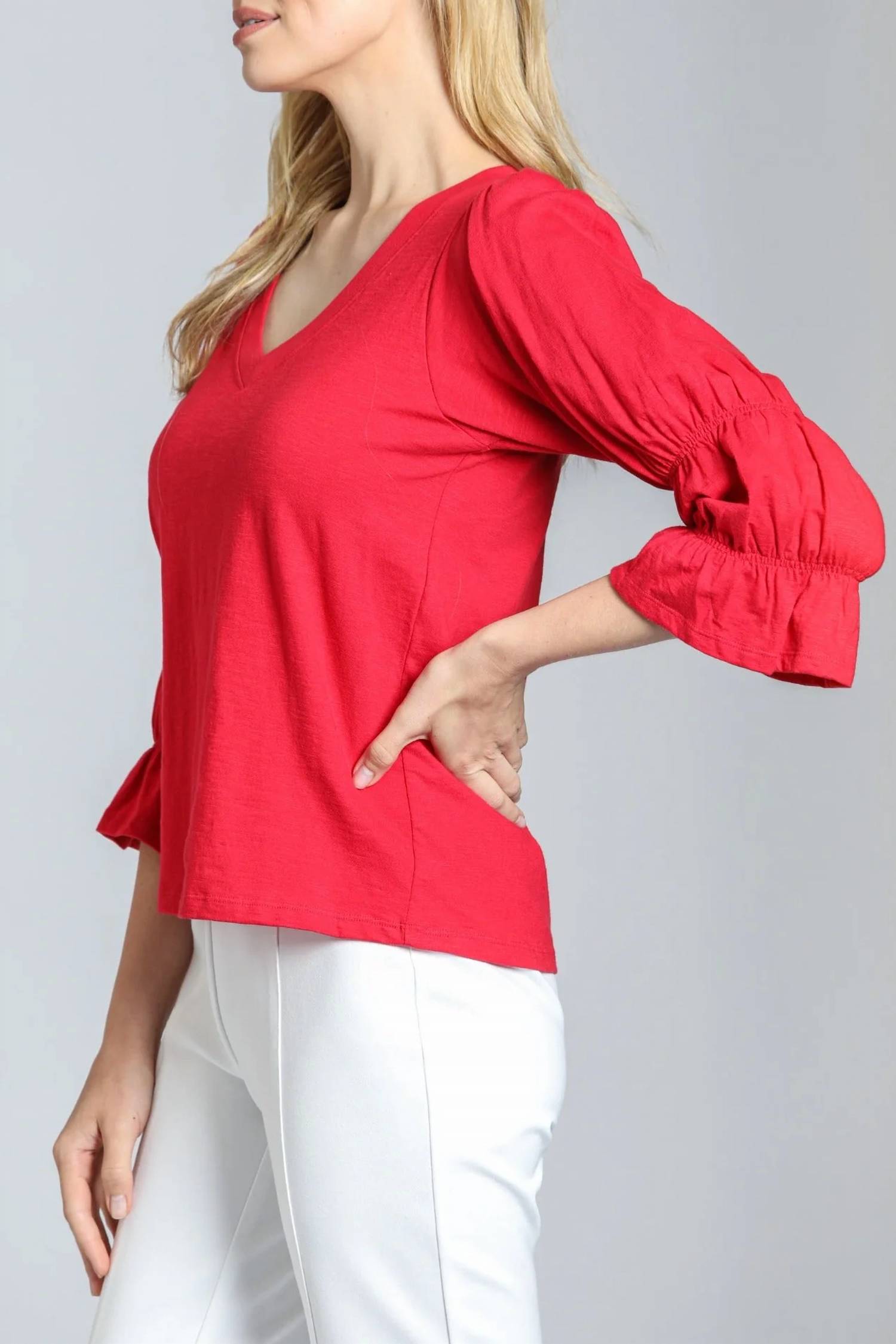 APNY V Neck Renaissance Sleeve Blouse in rocco red - women's blouse - detail view