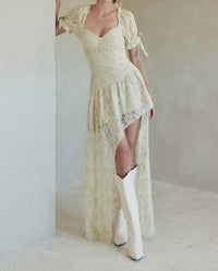 Fore Collection Winter Romance Lace Asymmetrical Maxi Dress in green cream - women's dress - detail view
