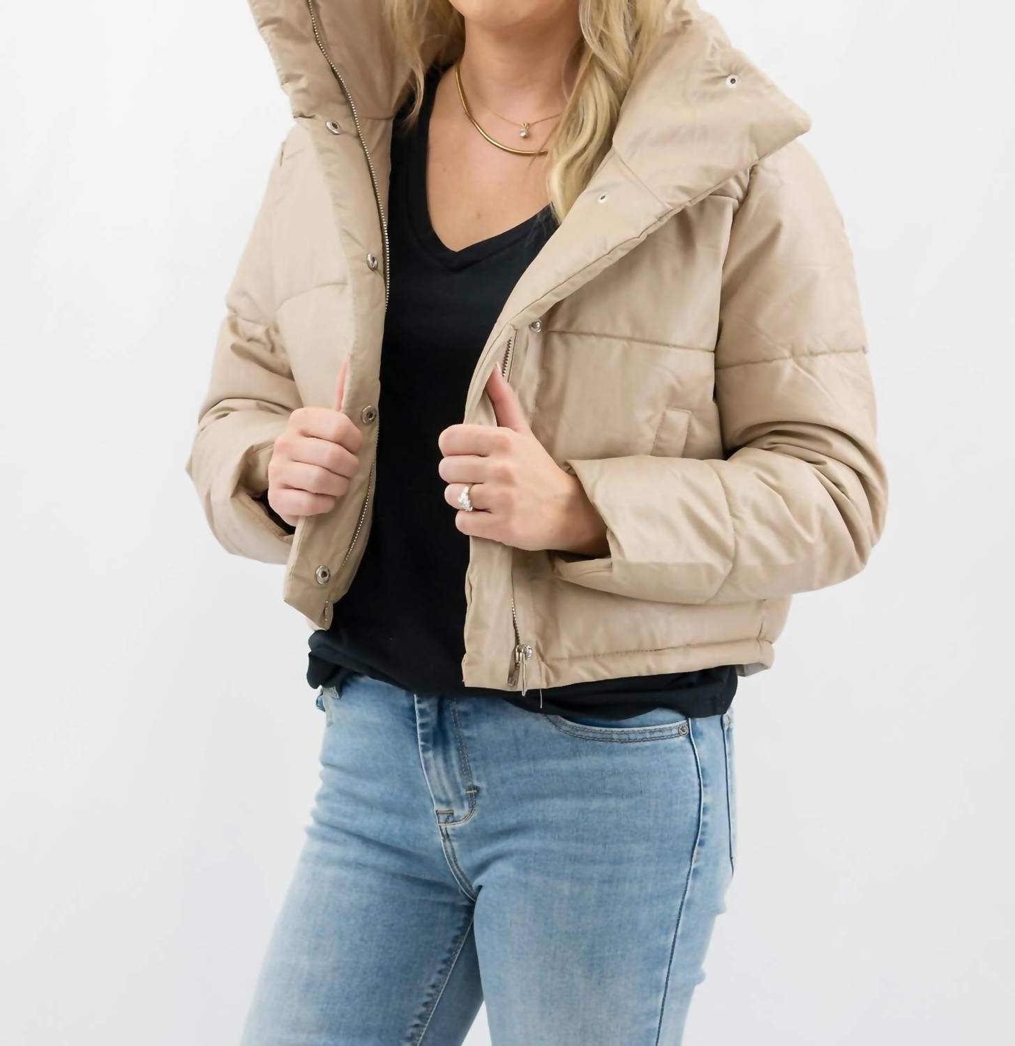 Coalition LA Vegan Leather Puffer Jacket in taupe - women's jacket - detail view
