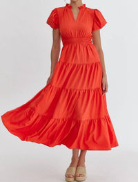 entro Bubble Sleeve V-neck Tiered Dress - women's dress