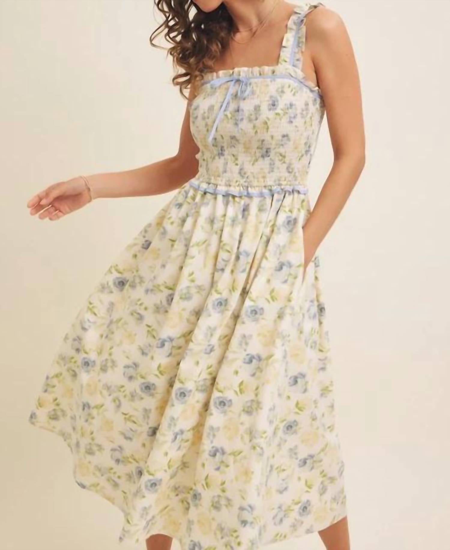 In February - Lovely Floral Smocked Midi Dress With Bow
