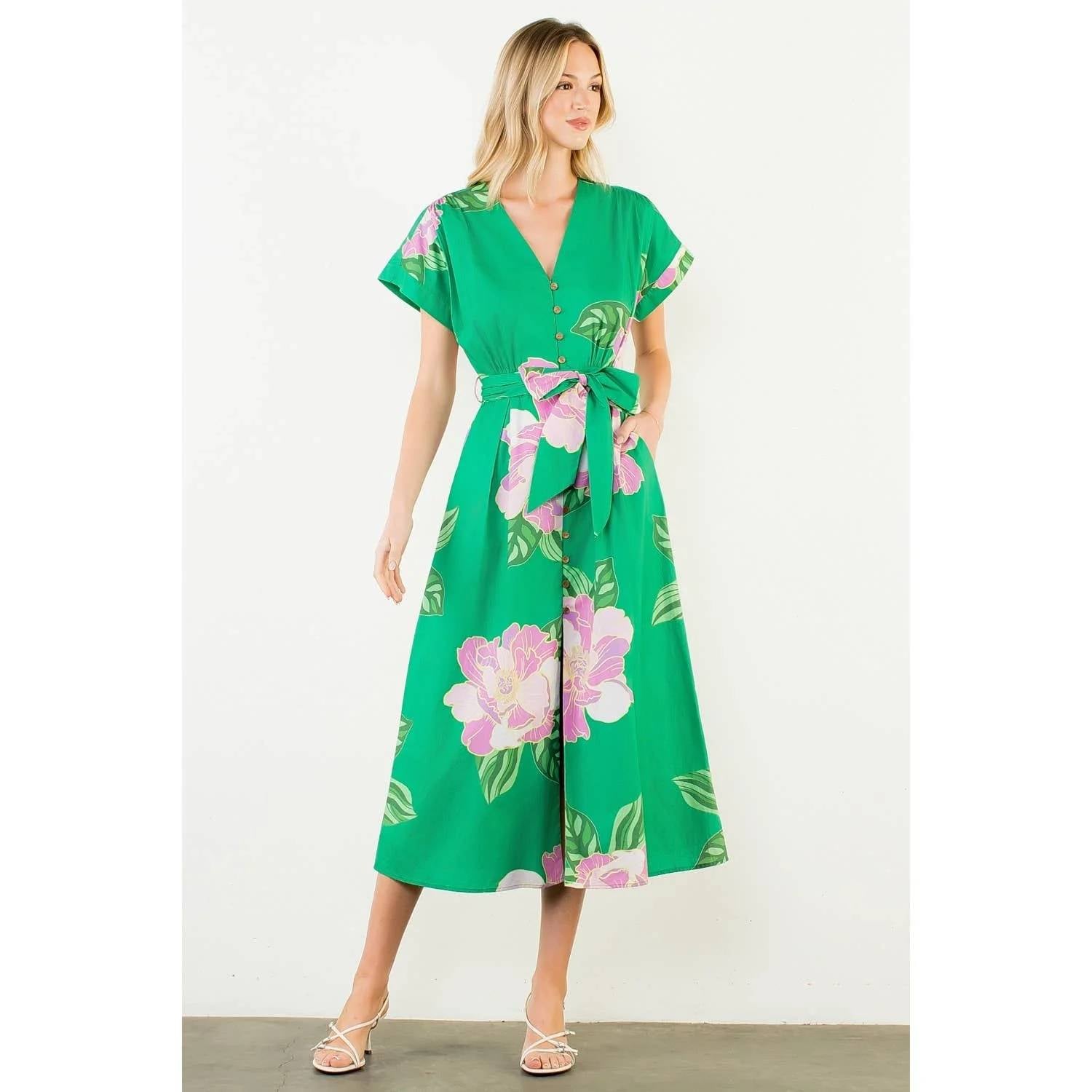 Thml - Floral V-neck Belt Midi Dress