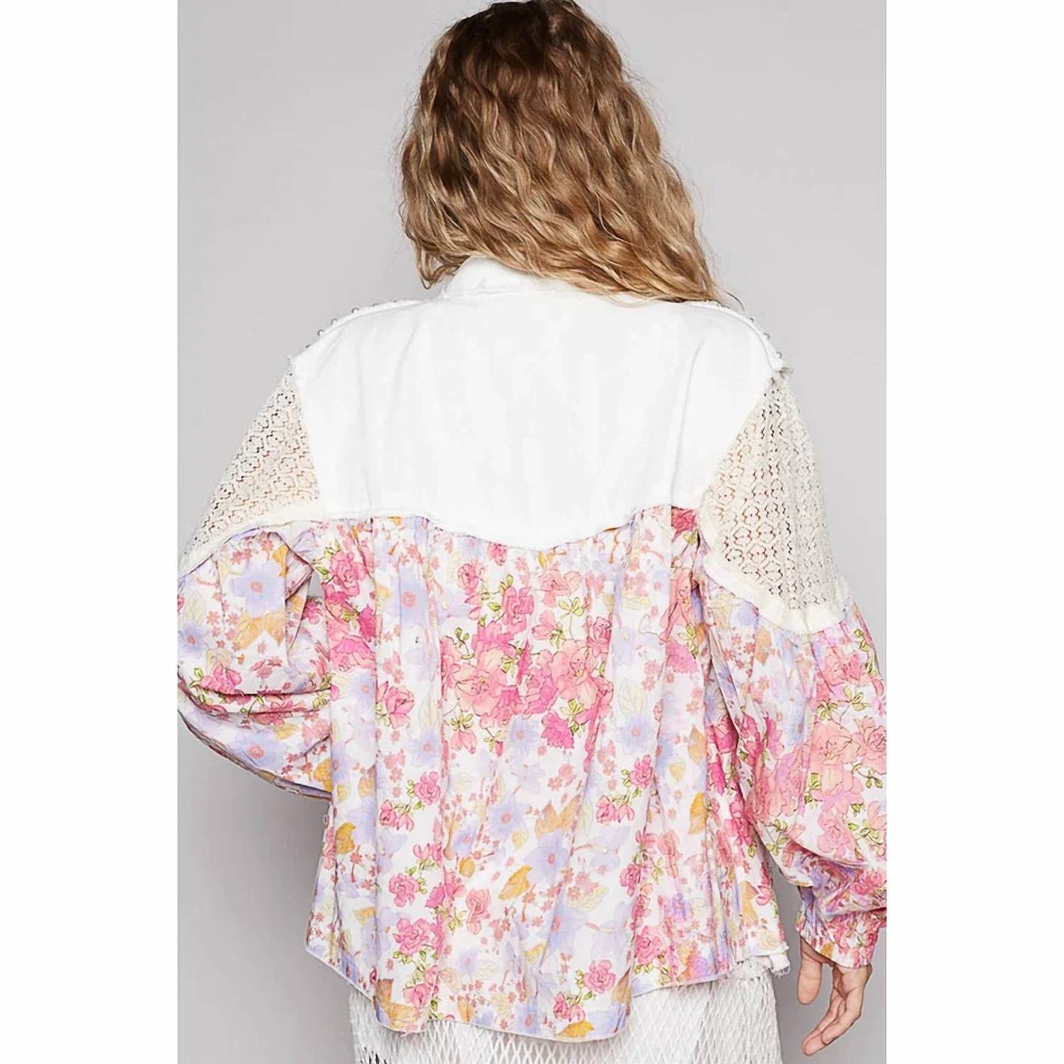 Pol - Vintage Washed Floral Crochet Contrast Shirt