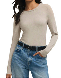 Z Supply Second Skin Crew Neck Long Sleeved Top in natural heather - women's long sleeve top
