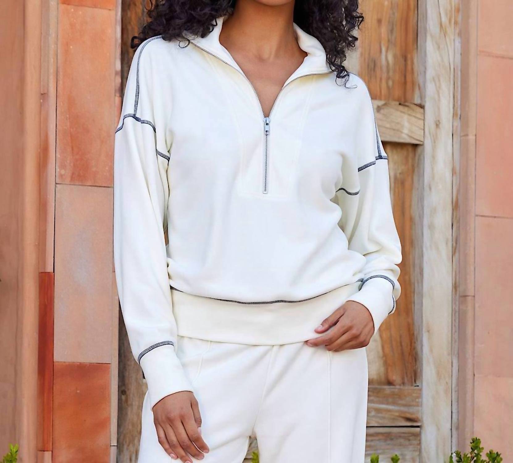 Karen Kane Half-Zip Contrast Stitch Pullover Top in cream - women's top